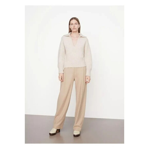 Vince Brushed Collared Sweater Beige XS Sand Dune Alpaca Stretch V-Neck NWT $395 - Picture 2 of 10